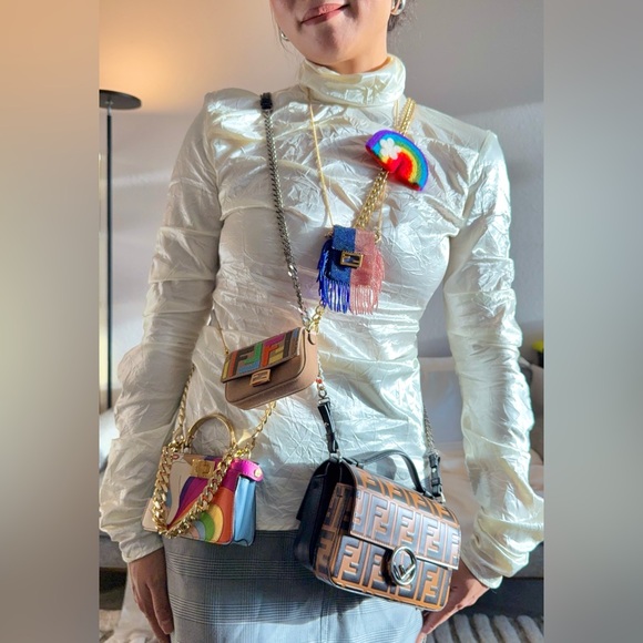 Fendi Kuban Canvas FF Embroidered Nano Baguette Bag Charm Grezzo Multicolor - Picture 6 of 17